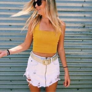 Seek The Label Bandage Crop Top Tank Square Neck Yellow Small Preppy Beachy Chic